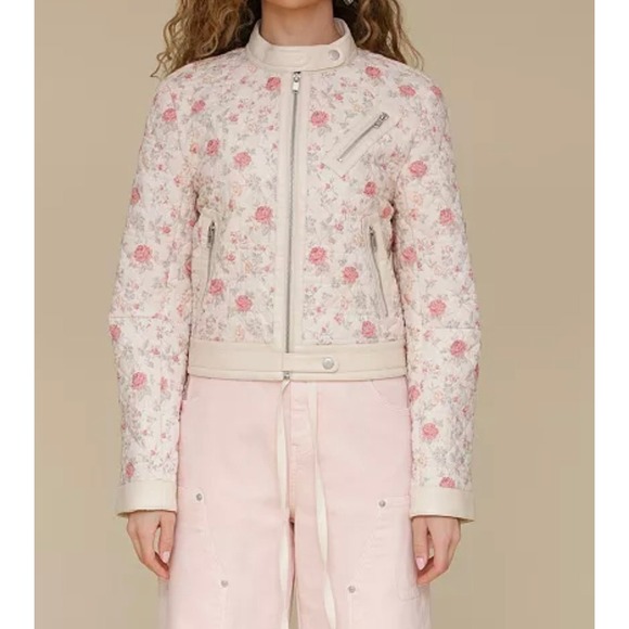 Avec Les Filles Quilted Floral Moto Jacket Cream Vegan Leather Trim Sz XL‎ Boho